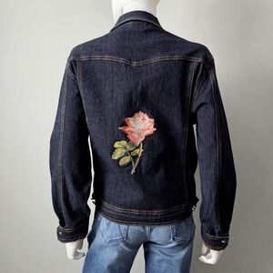 LIFO World Standard Dark Stretch Denim Jacket W/ Embroidered Flower, Size 2XL